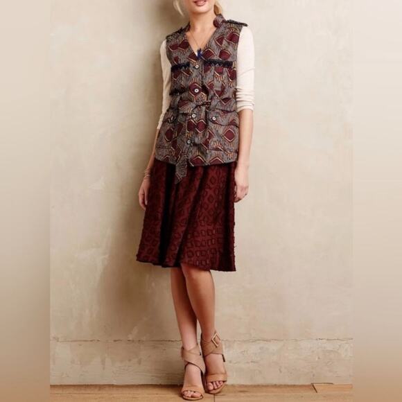 Anthropologie Maeve Diamond Cut Midi Full Skirt Size 2 Embroidered Waist Brown - Picture 12 of 12